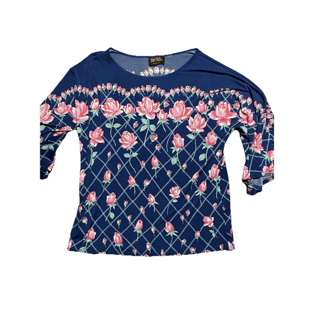 Bob Mackie Rose Trellis Print Women's Knit Top - Blue Pink Floral Size XL